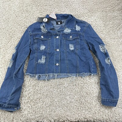 Boohoo Blue Womens Size Medium Cropped Distressed Denim Jacket