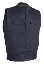 MENS MOTORCYCLE BLACK DENIM COLLARLESS VEST w / CONCEAL CARRY POCKETS & ZIP- K3B