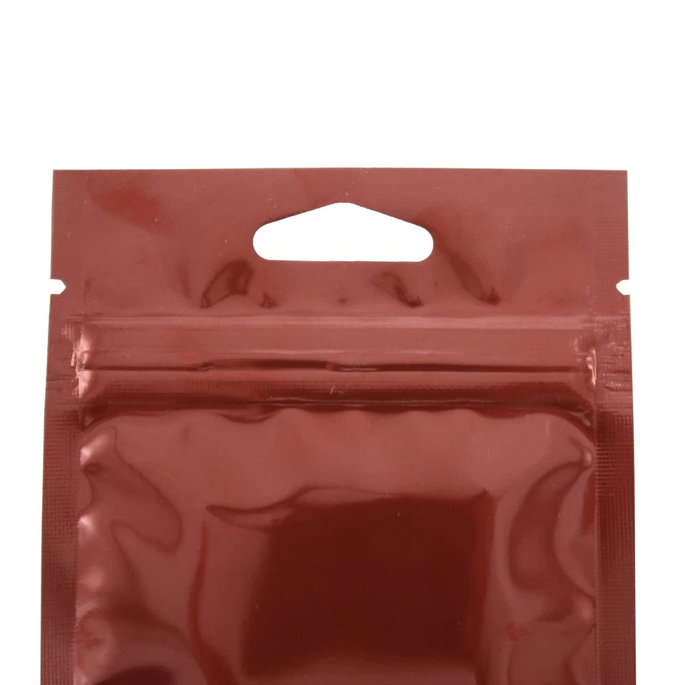 Bolsas con cierre de cremallera de Mylar de lámina marrón brillante de 100 piezas con orificio para colgar 8x11 cm 3x4,25 pulgadas Foto 2 de 3