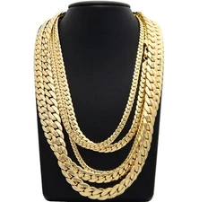 Miami Cuban link Chain 4mm to 12mm Necklace Bracelet 14k Gold Plated 20" 24" 30"