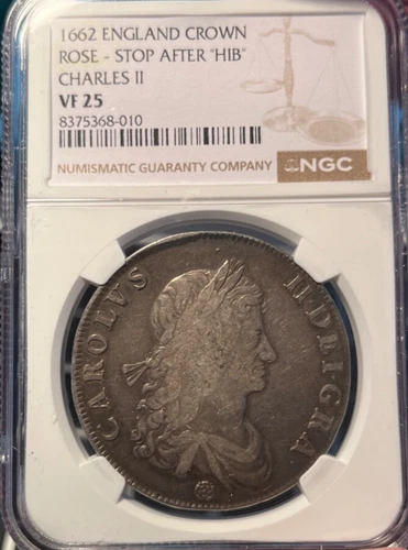 1662 England  Crown Charles II Great Britain  Rose NGC VF   Freshly Graded