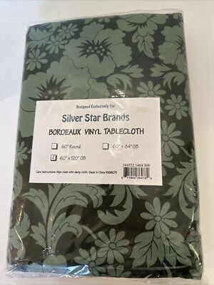 New Silver Star Brands Green Flowers Oval Tablecover Vinyl 60'' x 120''