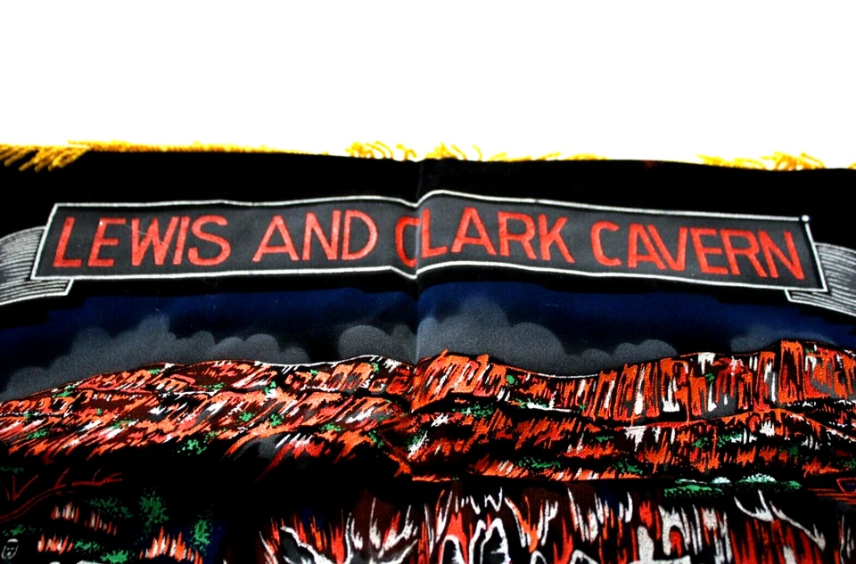 RARE Vtg Lewis & Clark Cavern Souvenir Pillow Cover Montana State Fringe Velvet Foto 3 de 4
