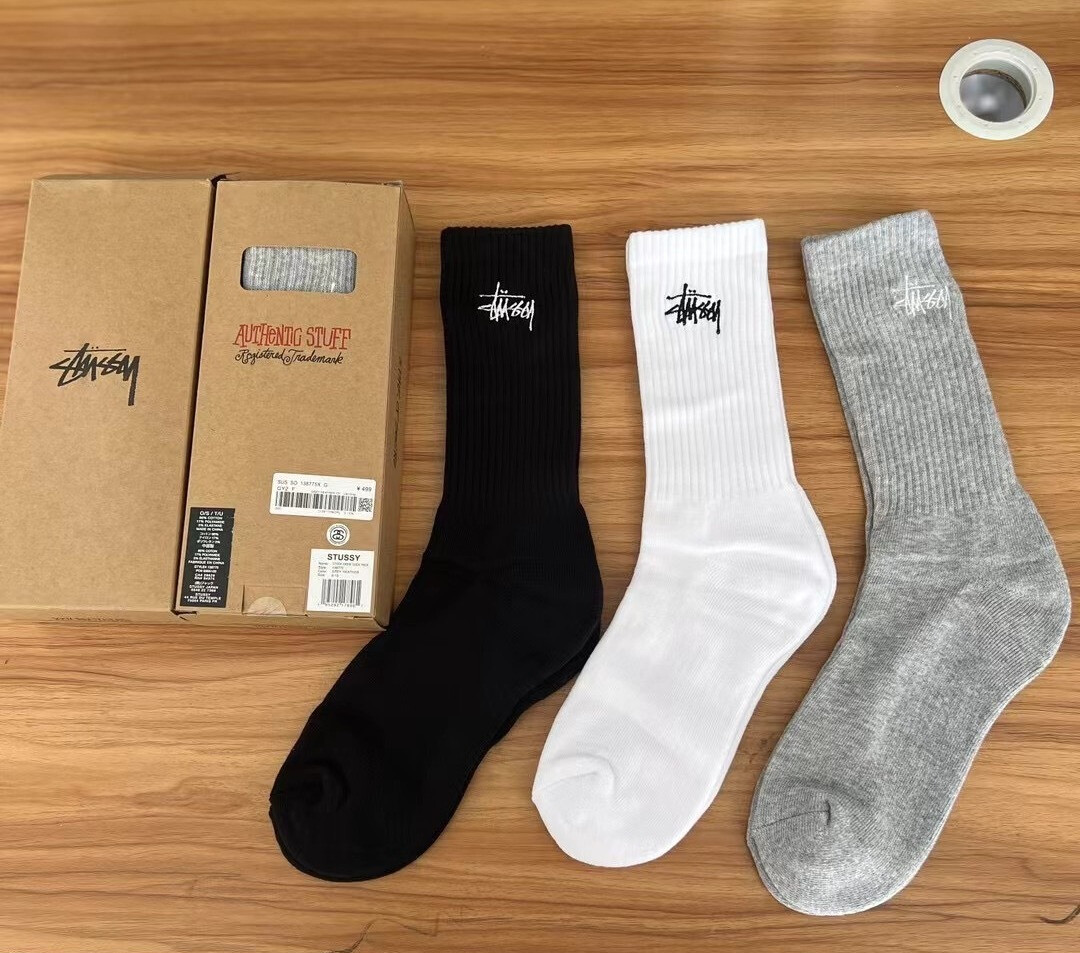 Stussy Stock Crew Socks 3 Pack - White/Black/Grey Size 8-13