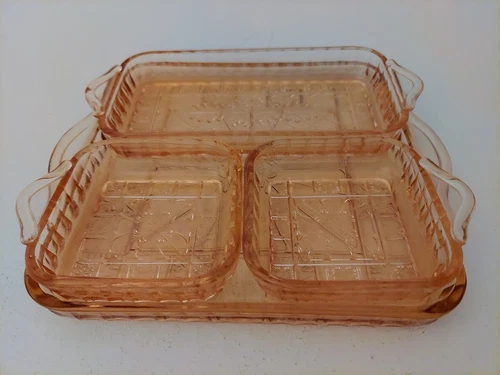 4 pc Vintage Jeannette Doric Relish Tray Dish Set Pink Depression Glass RARE