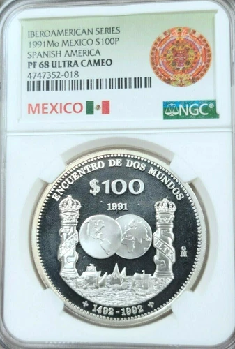 1991 MEXICO SILVER 100 PESOS SPANISH AMERICA NGC PF 68 ULTRA CAMEO SCARCE COIN