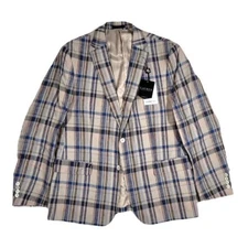 Lauren Ralph Lauren Linen Sport Coat Men 43R Large UltraFlex Tan Blue Plaid $295