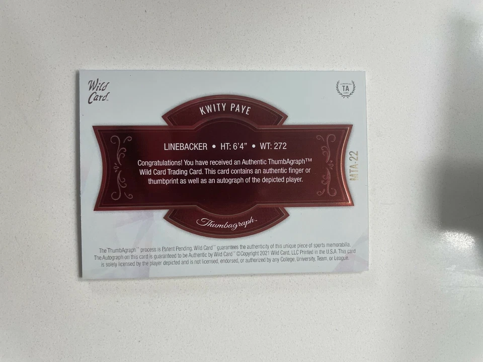2021 Wild Card Matte White - Kwity Paye - Red Thumbagraphs Auto #d 3/15 - Image 2 of 2