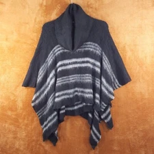 WOODEN SHIPS Poncho Womens Medium Black Stripe Pullover Cowl Neck Mohair Wool