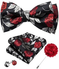 Mens Bow Tie Paisley Coloful Pre-tied Bowties Handkerchief Black Red Flowers