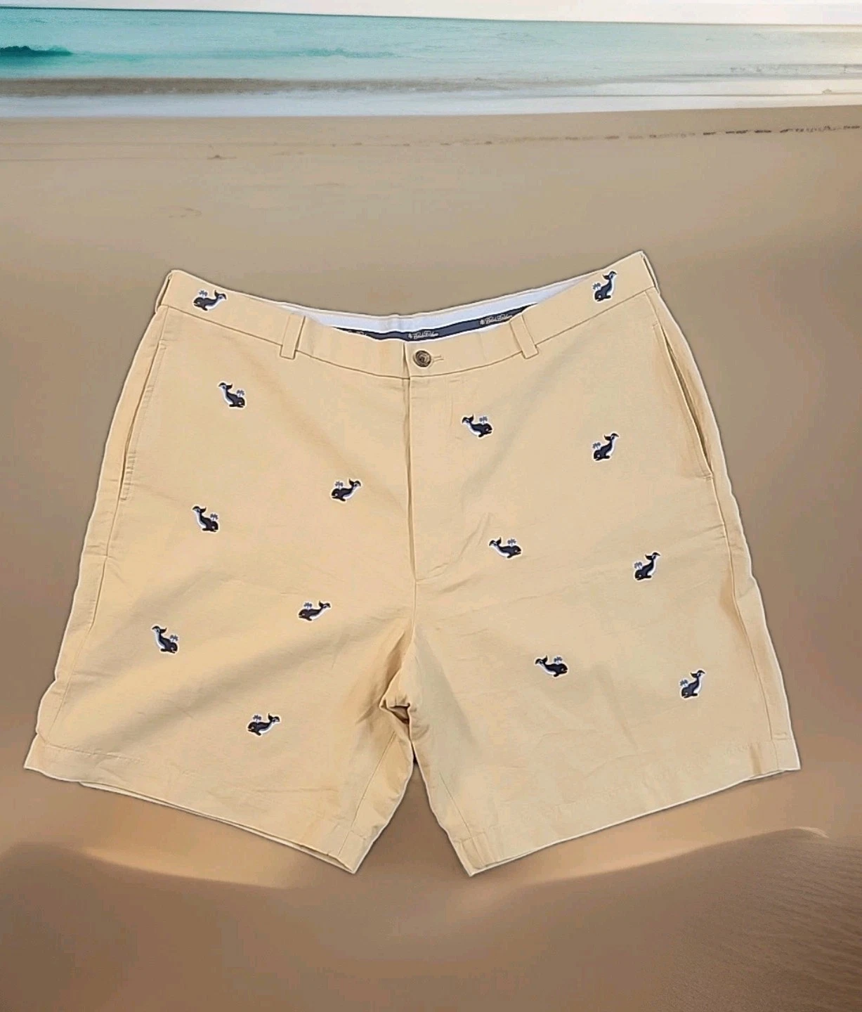 Brooks Brothers Men's Linen Blend Embroidered Whale Print Shorts Khaki Size 42