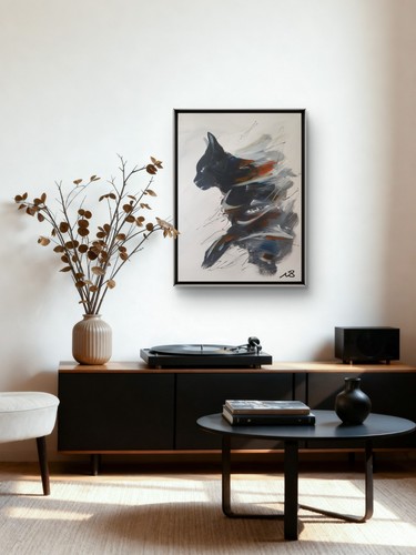 ORIGINAL ACRYLIC PAINTING 12x16 BLACK CAT ABSTRACT HOME WALL ART PAINTED CANVAS - Picture 2 of 11