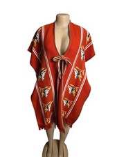 Vtg 70s Southwestern Knit Poncho Cardigan Fringe Tie Front Boho OS Retro Hippie