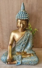 Buddha 12" Figurine Touching The Earth Statue Sculpture Zen Indoor Gold Teal