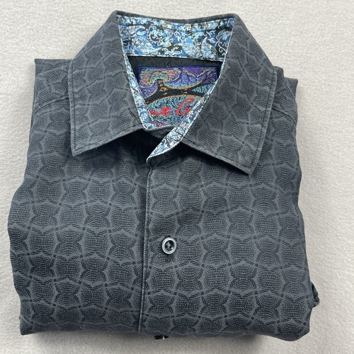 Robert Graham Mens Shirt M Black Grey Gray Geometric Cotton Flip Cuff Floral - Foto 2 di 24