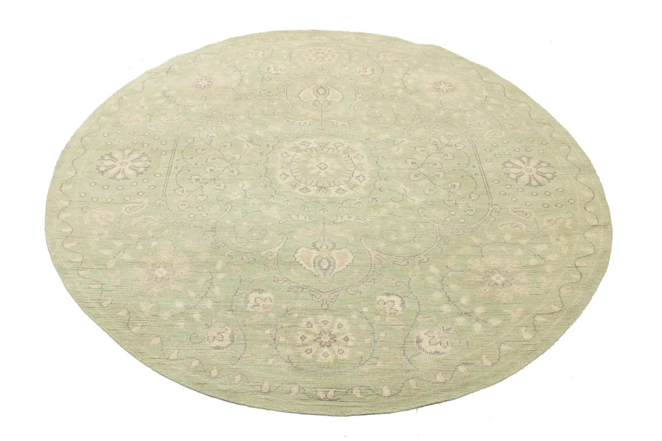 Handmade Muted Light Green Floral Oriental Round Rug Decor Carpet 8X8 ft - Image 2 of 4