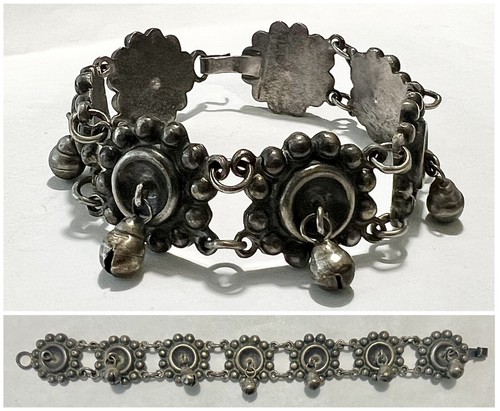 FRÜHES Vintage signiertes MEXIKO SILBER Armband mit JINGLE BELL baumelt 7-3/4", 42 g