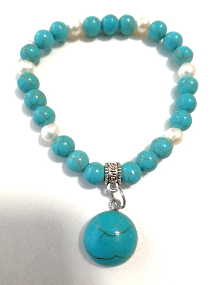 Pulsera Turquesa 6"-7.5" con Colgante, Pendientes y Anillo Todo en Acero Inoxidable Foto 4 de 4