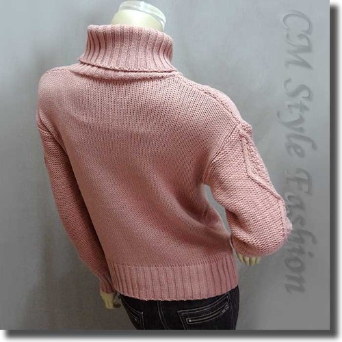Cable Knit Fold Over Turtleneck Sweater Jumpr Top Pink M - Bild 4 von 4