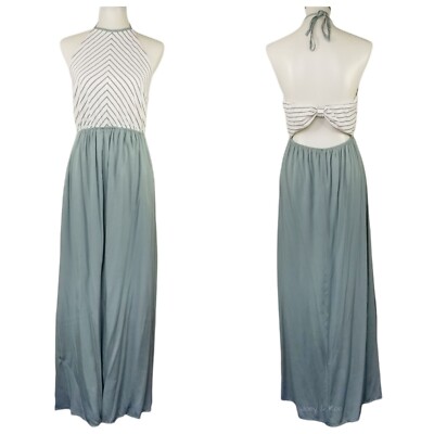 Hem & Thread Women's Large Sage Green Striped Halter Open Back Maxi Dress