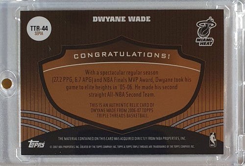 2006 Topps Triple Threads Dwyane Wade #PATCH /27 Game Worn Triple Jerseys - Rare - Picture 5 of 5