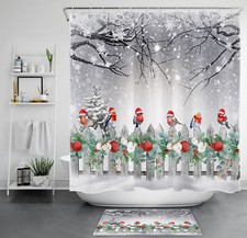 Winter Snow Scenery Cardinals Christmas Shower Curtain Set for Bathroom Decor