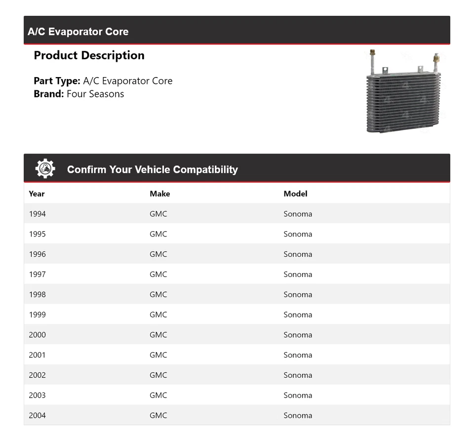 Núcleo evaporador aire acondicionado GMC Sonoma 1994-2004 4 estaciones 1995 1996 1997 1998 1999 Foto 2 de 4