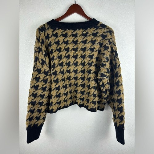 Max Studio Jacquard Houndstooth Medium Cropped Brown Black Crewneck Sweater - Picture 7 of 8