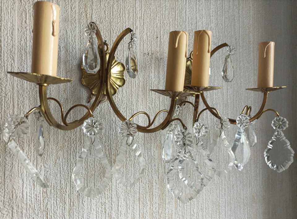 Paire appliques en bronze doré et laiton pampilles de cristal - Etat de marche - Photo 4/4