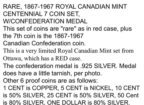 1967 ROYAL CANADIAN MINT Ottawa 7 Coins Set With Confederation Medal - Picture 5 of 21