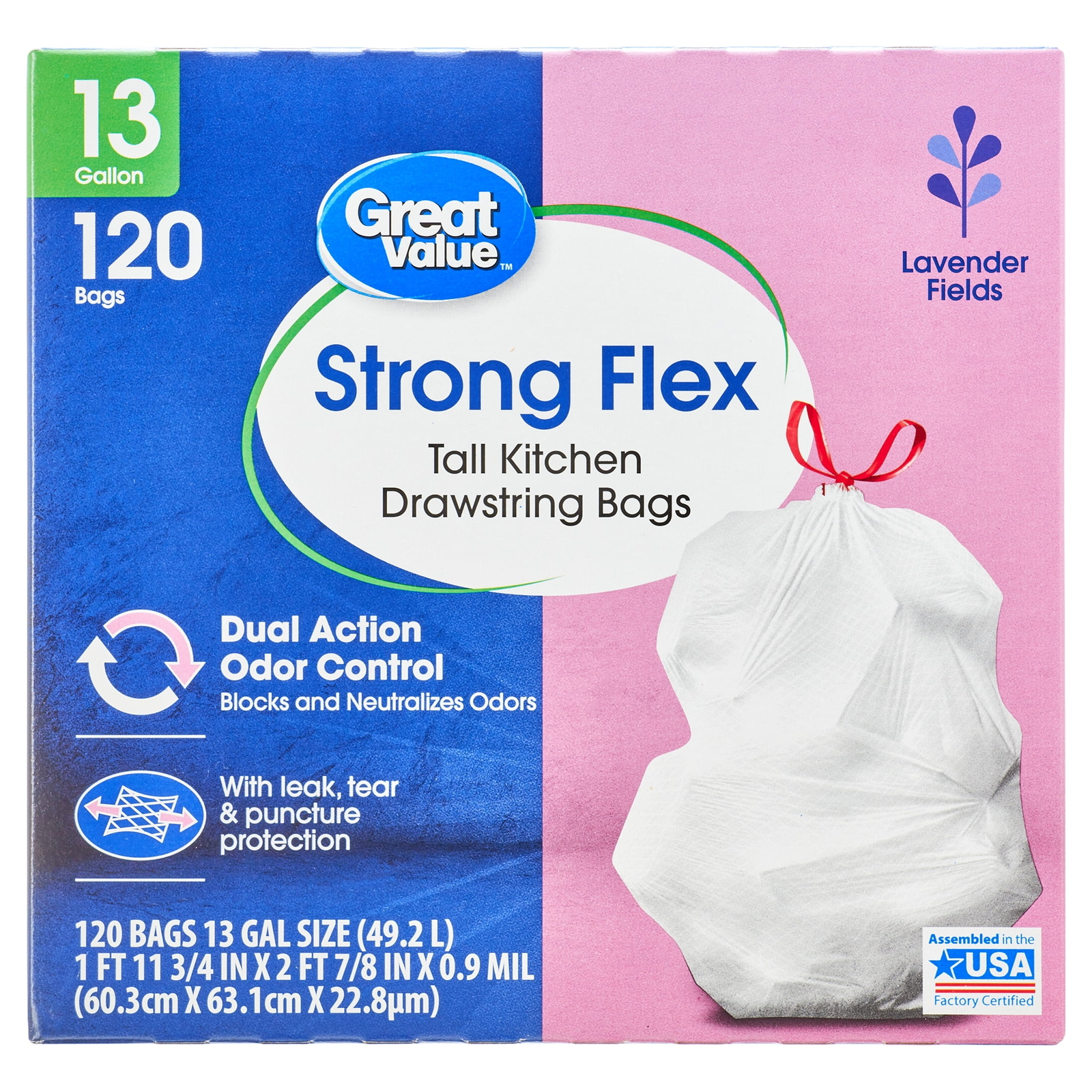 Strong Flex 13-Gallon Drawstring Tall Kitchen Trash Bags, Lavender Fields.120