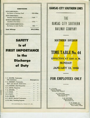 KANSAS CITY SOUTHERN LINES ETT TIMETABLE SOUTHERN DIV. #44  1-12-1958.