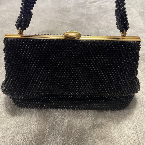 Vintage 50er Jahre schwarz Corde Perlen Cocktail Geldbörse Top Griff mit Verschluss