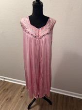 Pink Satin Sheer Nightgown Vintage Long Sleepwear Embroidered Floral V-Neck L/XL