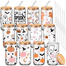 12 Pcs Halloween Ghost Glass Cups Bulk 16 oz Cute Pink Spooky Iced Coffee Cup...