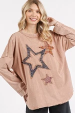 Mittoshop Ginger Cotton Mineral Wash Star Patch Applique Long Sleeve Top
