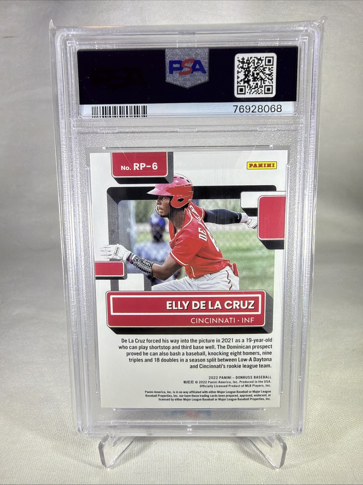 2022 Donruss Baseball Elly De La Cruz Rated Prospect #RP6 Diamond PSA 10 view 2