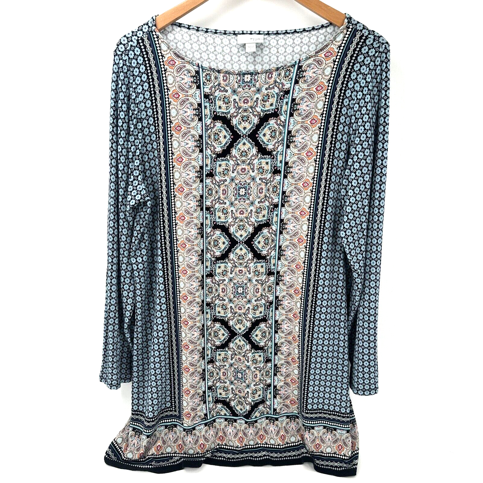 J Jill Tunic Womens Large Boho Pullover Blue Floral Paisley Long Sleeves Shirt