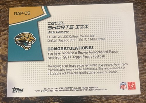 2011 Topps Finest #RAP-CS Cecil Shorts III Rookie Patch Auto #d /599! JAGUARS - Picture 2 of 2