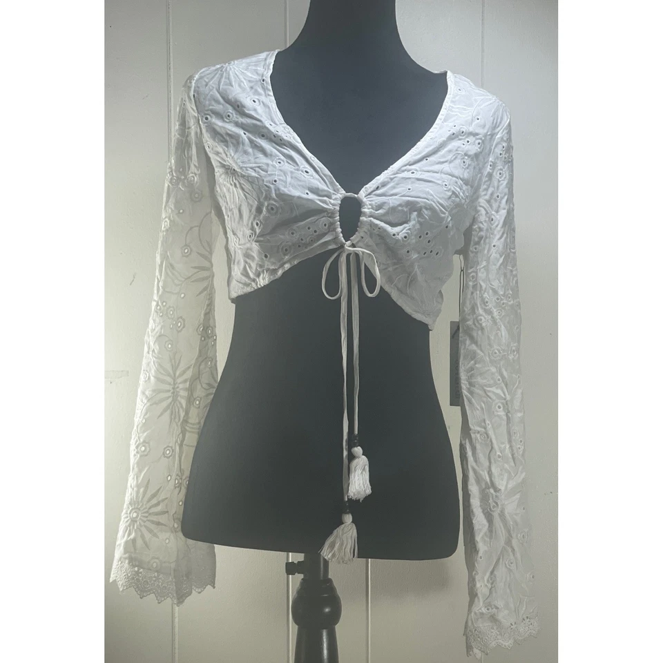 Forever 21 Cream Eyelet Swim Cover Up Top Tassel Tie Long Sleeve Women's - Изображение 2 из 4