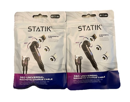 TWO 6FT Statik 360 Magnetic Rotating Charge Universal Cable USB-C Micro 8-pin