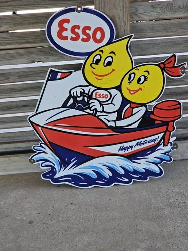 HUGE VINTAGE ESSO HAPPY MOTORING PORCELAIN BOAT SIGN SIGN 30 X 25.5  NICE COLORS