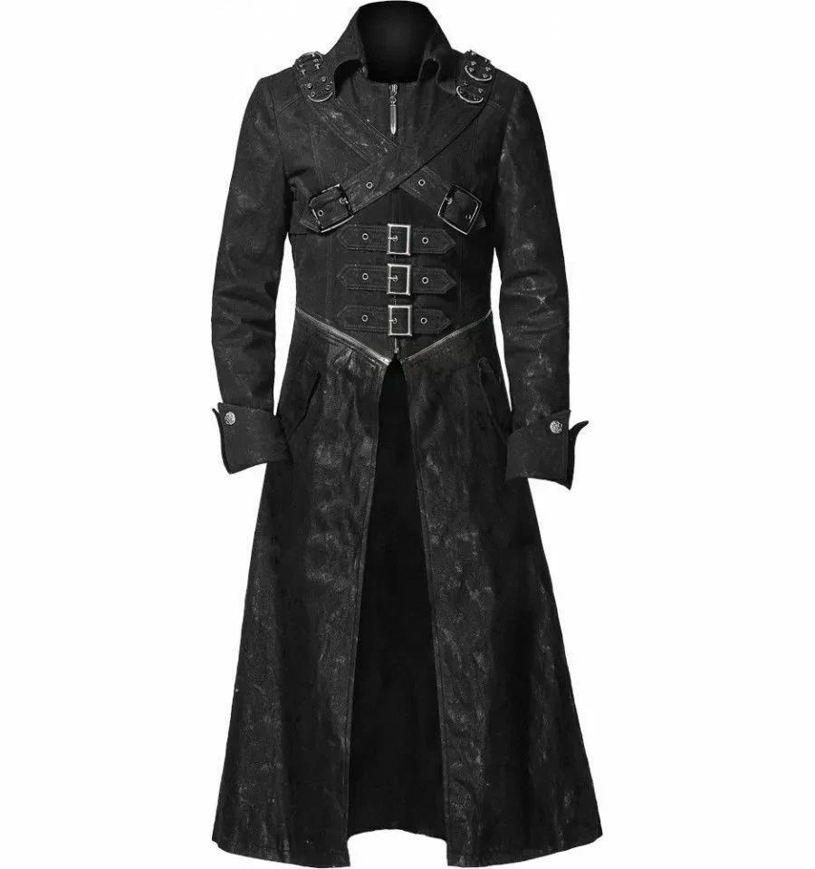 Man's Steampunk Gothic Halloween Wear Cosplay Black Leather Long Trench Coat
