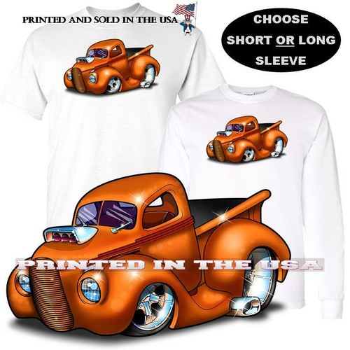 Maglietta personalizzata 1938 Ford Orange Gold Hot Rod pickup camion cartone animato auto arte  - Foto 1 di 4