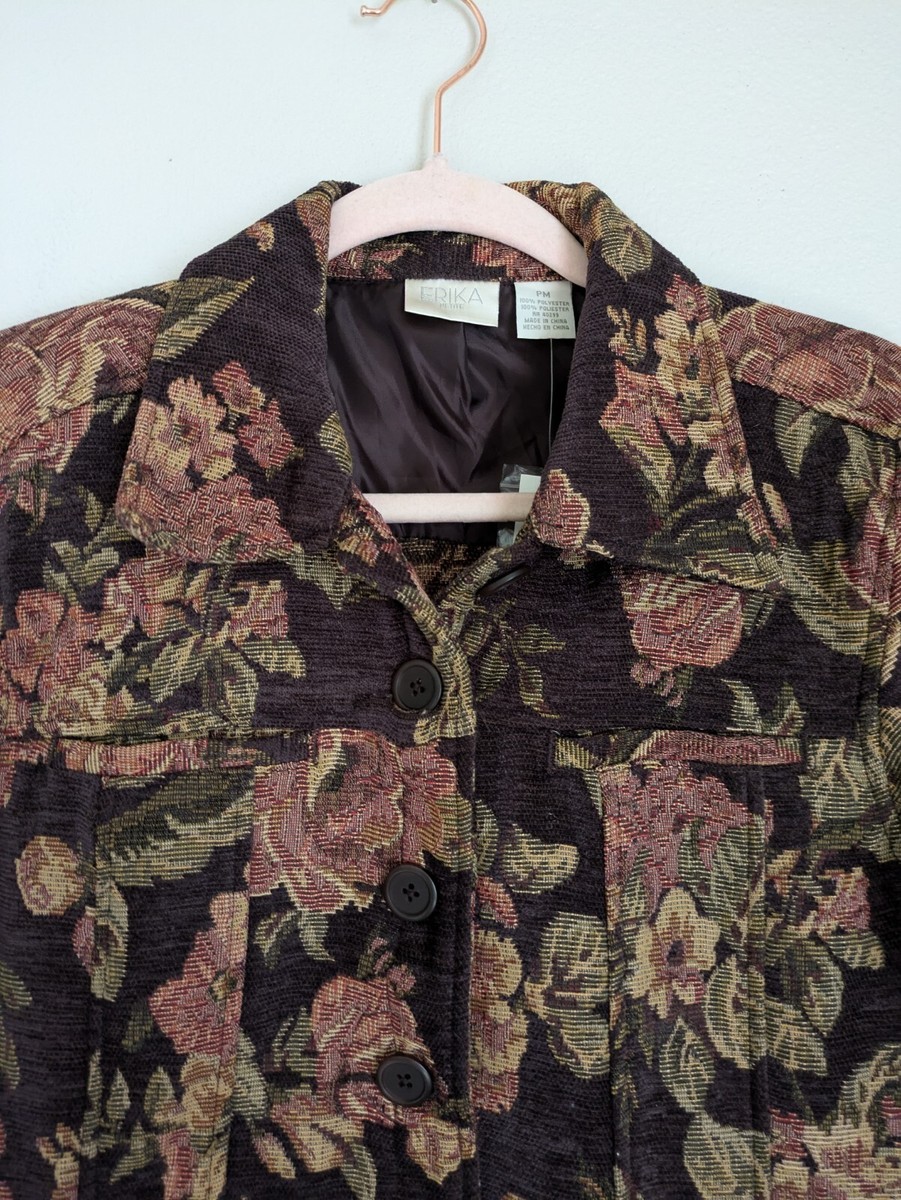 NWT Vintage Erika Women's Brown Floral Jacket Textured Collar Size