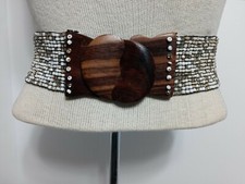 Vintage Boho Glass Bead Stretch Belt Wooden Buckle M 32" Cream Beige 80s Hippie