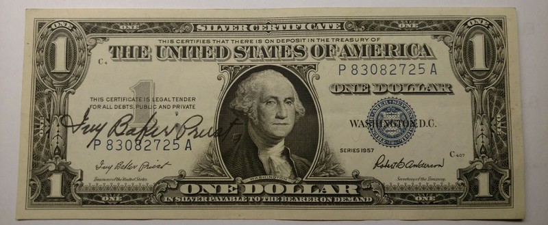 F-1619 $1.00 Silver Certificate 1957 Signed by the Treasury of the United States