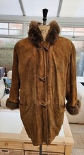 Burberry Vintage 1970s Fur Trim Leather Duffle Field Coat ~ Women's Uk 12 Medium