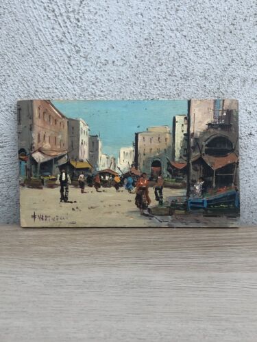 Quadro vintage -Mercato- dipinto a olio su tavola - Afbeelding 1 van 6