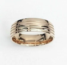 Mens 14K Rose Gold High Polished w Recessed Grooves Wedding Band 7 MM